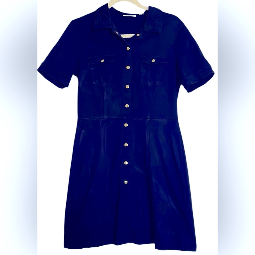NEW YORK & COMPANY Solid Navy Blue/Gold Snap Front Sheath Dress, Medium, GUC.